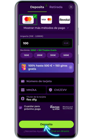 Formulario de depósito en Spinmama App para activar bonos