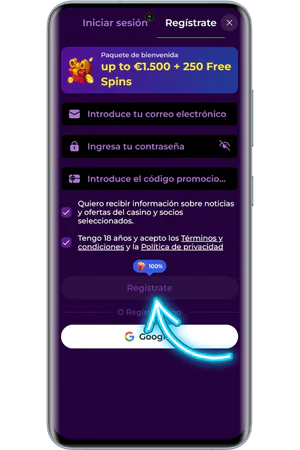 Formulario de registro en la aplicación móvil de Spinmama Casino