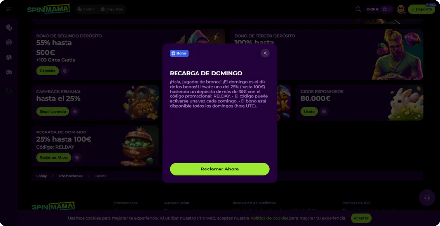 Bono dominical de recarga según nivel VIP