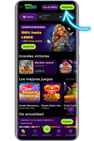 Pantalla inicial de Spinmama App con botón de registro visible